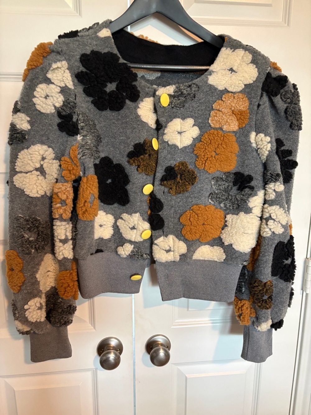 Textured Floral Fuzzy Cardigan - Gray, Mustard, Black, Cream